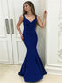 Mermaid Deep V Neck Sweep Train Navy Blue Velvet Lace Up Prom Dress LBQ1959